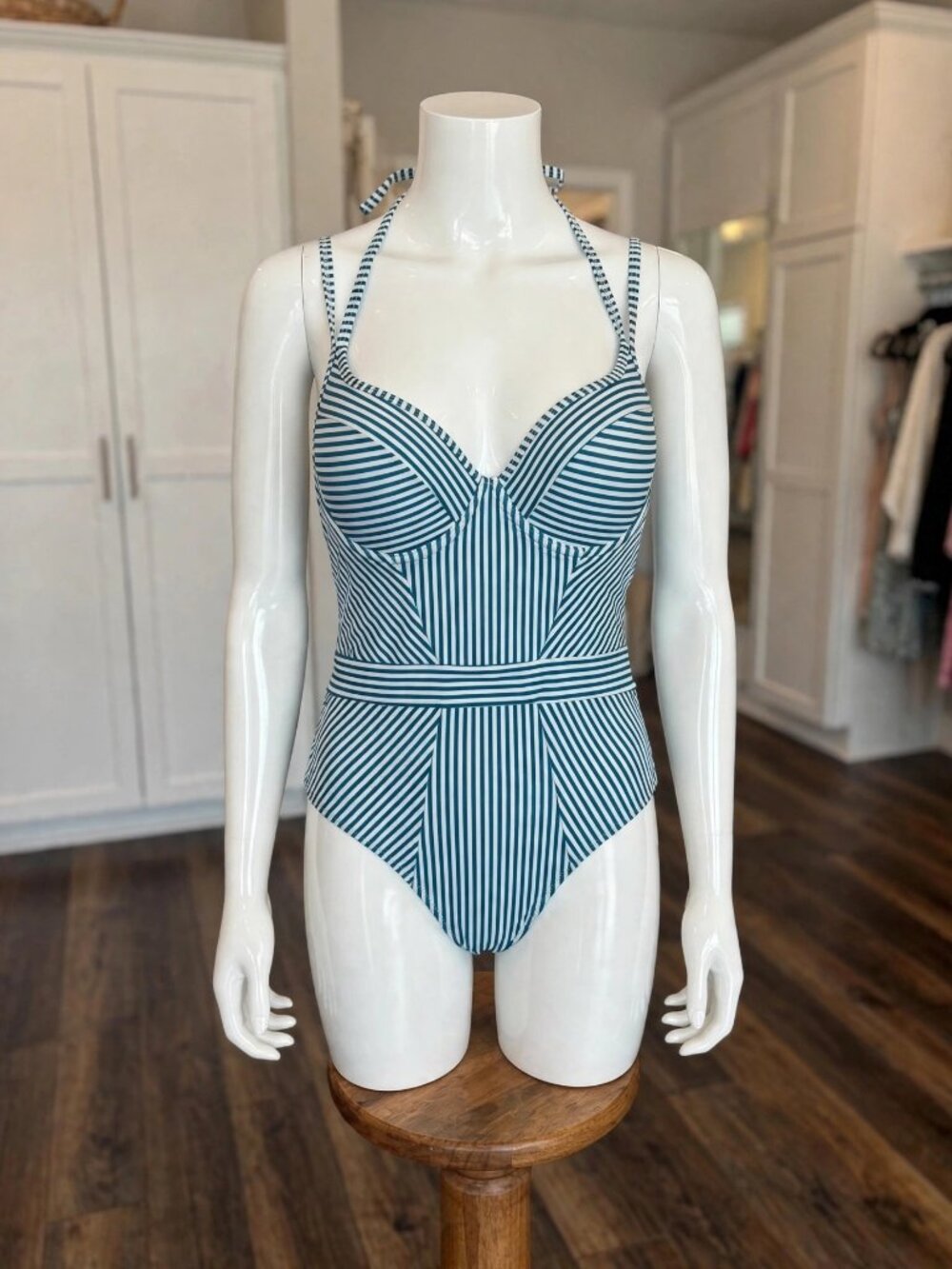 Striped Underwire One Piece Swimsuit Teal White L New
